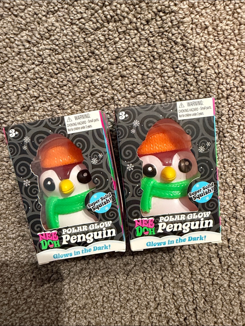 2 PINK NEEDOH Polar Glow Penguin Toy - Orange Hat, Green Scarf